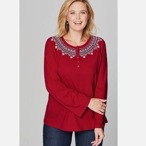 J Jill Red Fair Isle Red Embroidered Long Sleeve Button Top Small